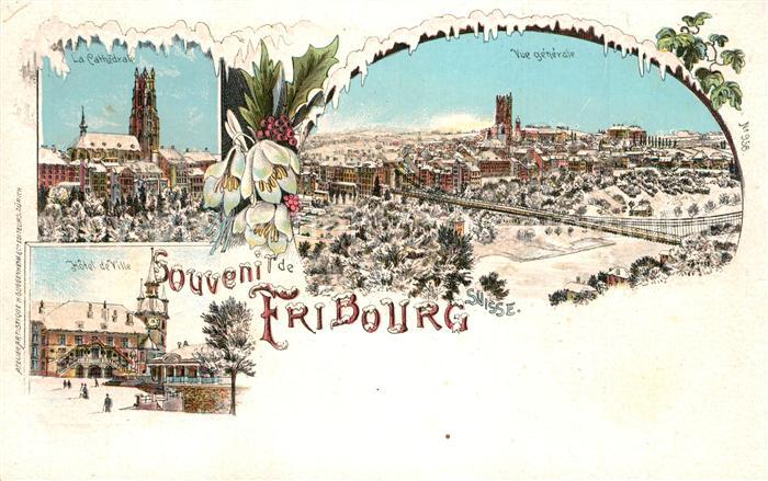 Fribourg FR Cathedrale Hotel d Ville Panorama Winterlitho
