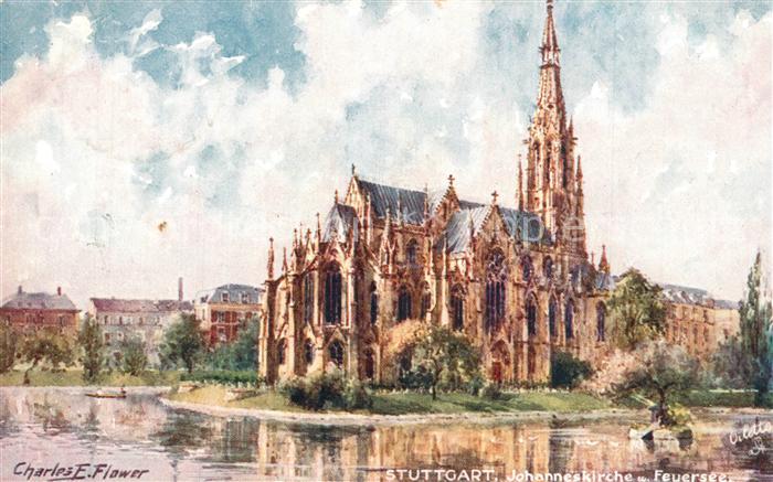 Verlag Tucks Oilette Nr. 653 B Stuttgart Johanneskirche Feuersee Charles E. Flow