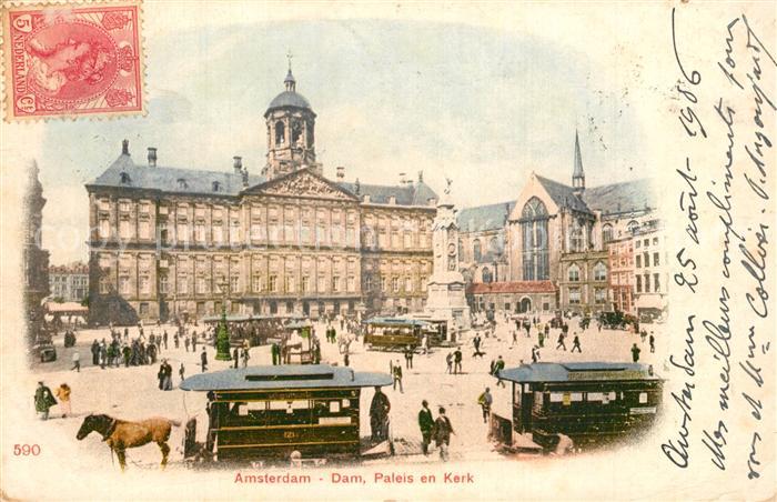 Pferdebahn Amsterdam Dam Paleis en Kerk