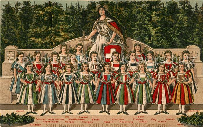 Wappen XXII Kantone Schweiz Helvetia Kinder Litho