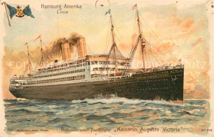 Dampfer Oceanliner Kaiserin Auguste Victoria Hamburg-Amerika-Linie Litho