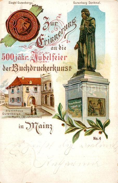 Gutenberg Johannes Buchdruck Jubelfeier Mainz Siegel Denkmal Stammhaus Litho