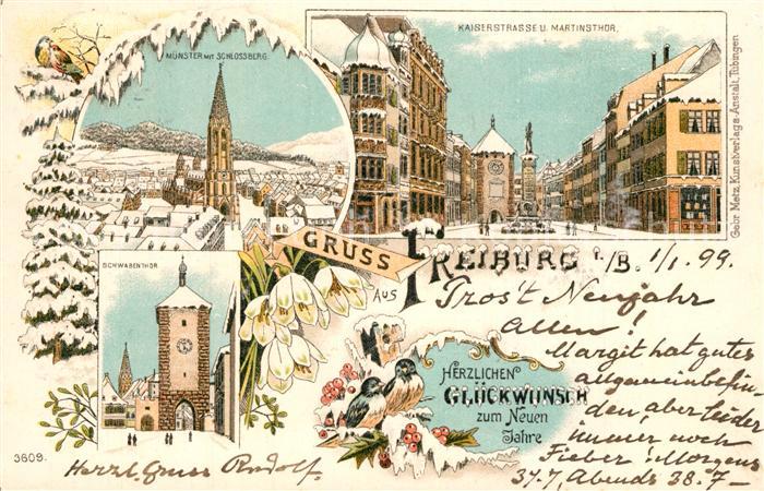 Winterlitho Neujahr Freiburg im Breisgau Kaiserstrasse M?nster Schwabentor