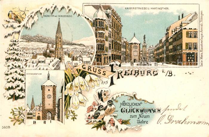 Winterlitho Neujahr Freiburg im Breisgau Kaiserstrasse M?nster Schwabentor