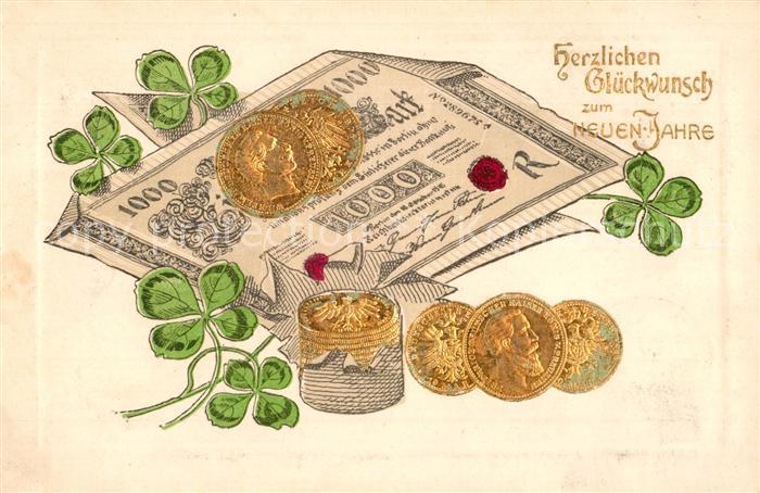 Geld auf Postkarte Neujahr Kleeblatt