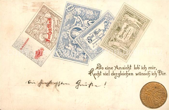 Geldschein auf Postkarte M?nze