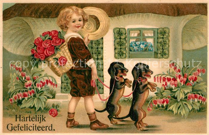 Dackel Dachshund Teckel Hunde dogs Chiens Cani Gl?ckwunsch Kind Rosen Kleeblatt