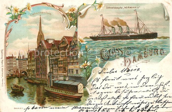 Dampfer Oceanliner Normannia Hamburg Catharinenfleth Litho