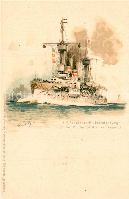 Marine S.M. Panzerschiff Brandenburg Kiel Litho
