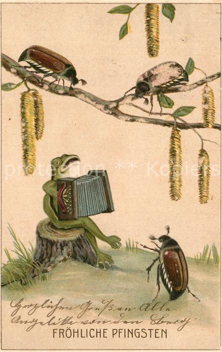Pfingsten Pentecost Pentecote Vermenschlicht Frosch Maik?fer Ziehharmonika Litho