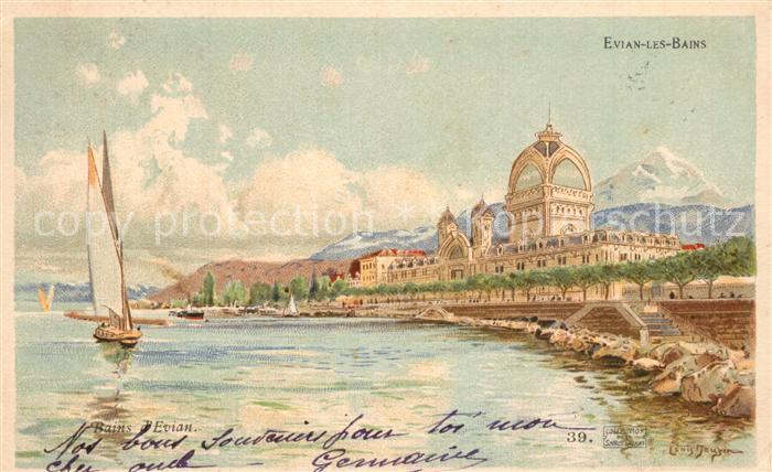 Evian-les-Bains Haute Savoie Panorama Kuenstlerkarte Litho