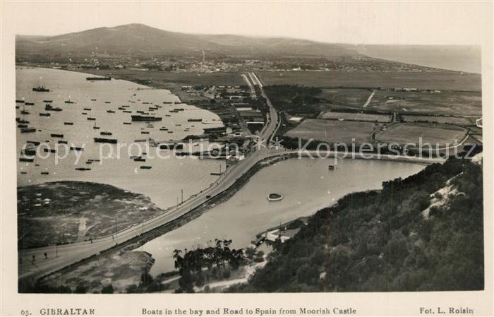 Gibraltar Boats in the bay and Road to Spain from Moorish Castle