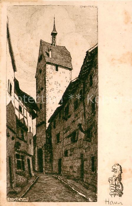 Riquewihr Haut Rhin Gasse Altstadt Turm Zeichnung Kuenstlerkarte