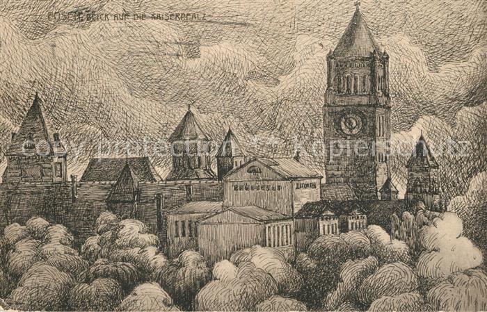 Posen Poznan Blick auf die Kaiserpfalz Zeichnung Kuenstlerkarte