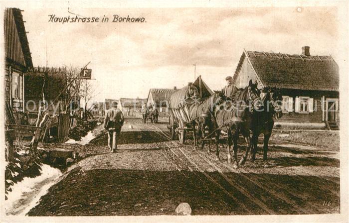 Borkowo Hauptstrasse Pferdefuhrwerk Wohlfahrtskarte Ostpreussenhilfe