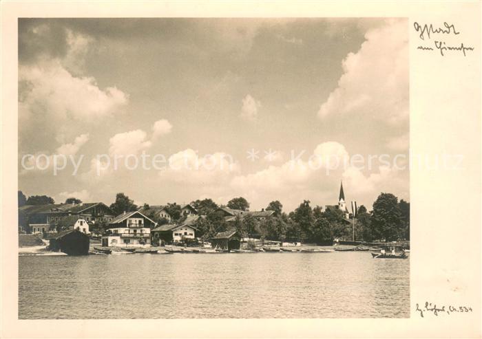 Gstadt Chiemsee Ansicht vom See aus Loeber Photokarte Handdruck