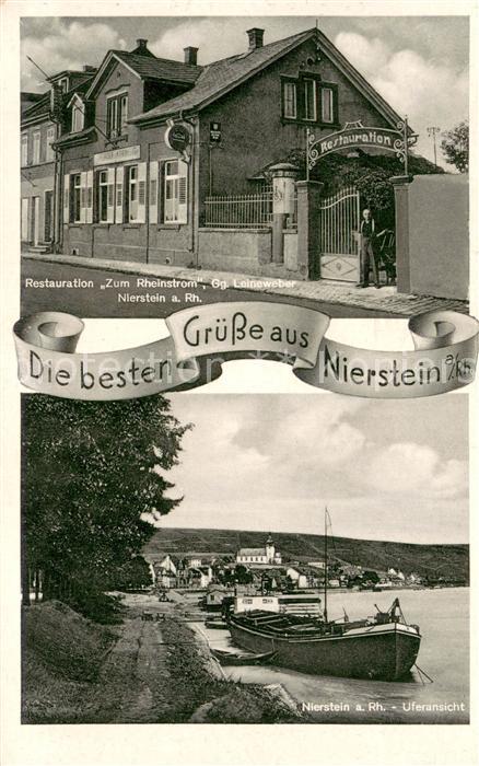 Nierstein Rhein Restauration Zum Rheinstrom Uferansicht Frachtkahn