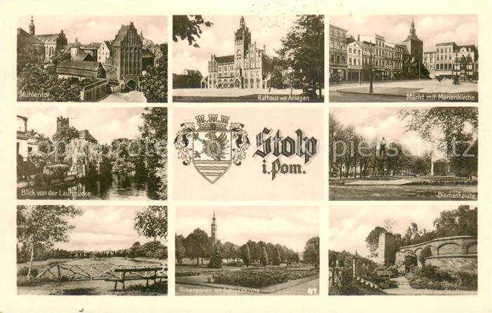 Stolp Pommern Muehlentor Rathaus Markt mit Marienkirche Laufbruecke Bismarckplat