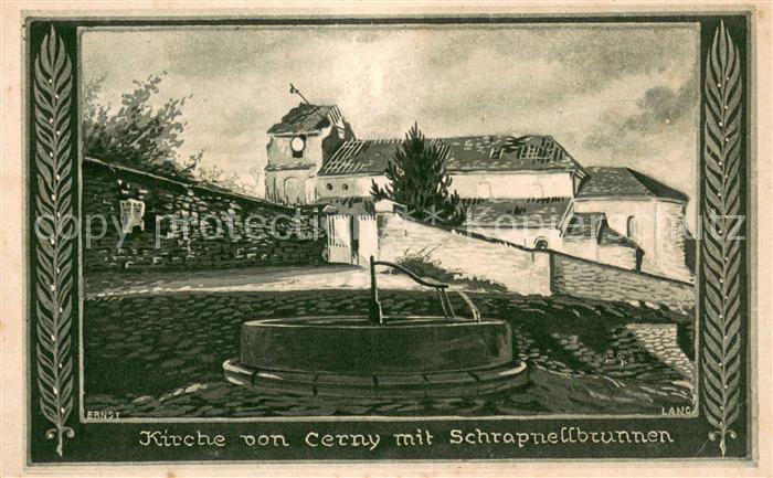 Cerny Kirche mit Schrapnellbrunnen