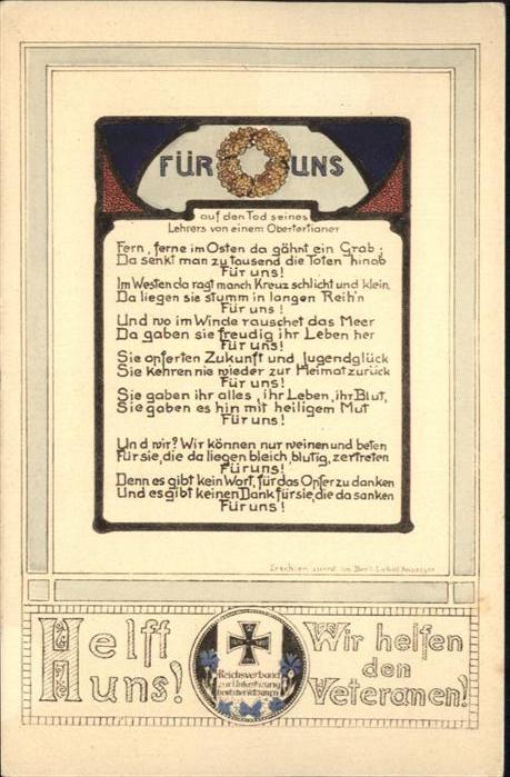 Militaria WK1 Gedicht Veteranen