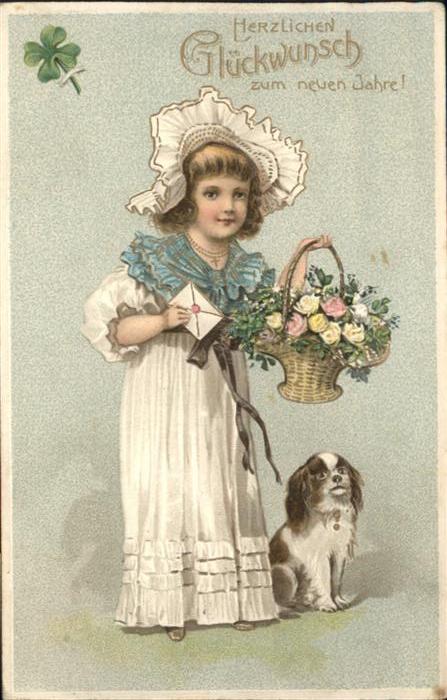 Neujahr Neujahrsgrüsse Blumenkorb Hund Kleeblat
