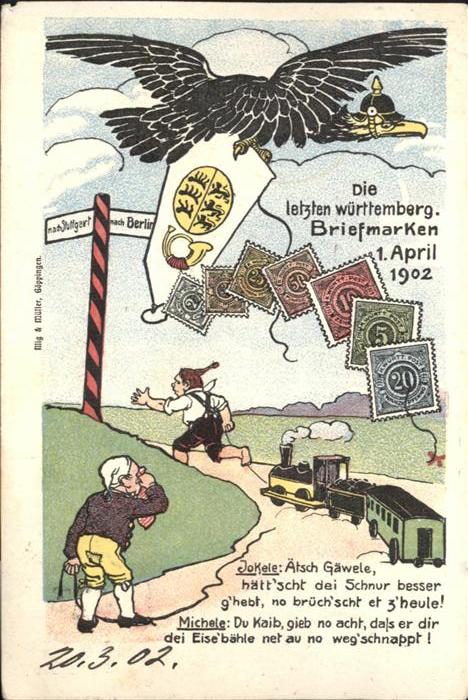 Briefmarken auf Postkarte Adler Posthorn Eisenbahn