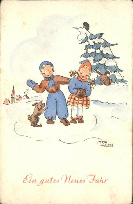 Neujahr Kinder Hund Künstler Herta Wiesner