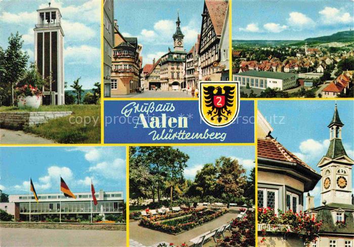 Aalen BW Glockenturm Teilansichten Stadthalle Park Rathaus