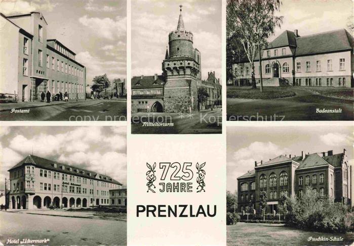 Prenzlau Brandenburg Postamt Mitteltorturm Badeanstalt Hotel Uckermark Puschkin