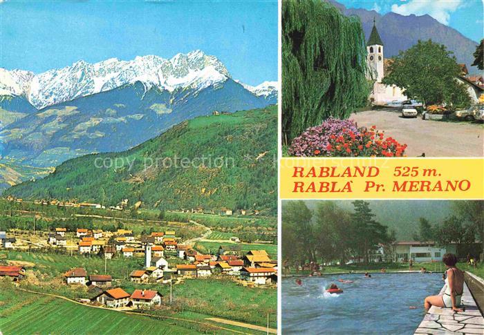 Rabland Rabla Partschins Merano Suedtirol AT Fliegeraufnahme Kirche Schwimmbad