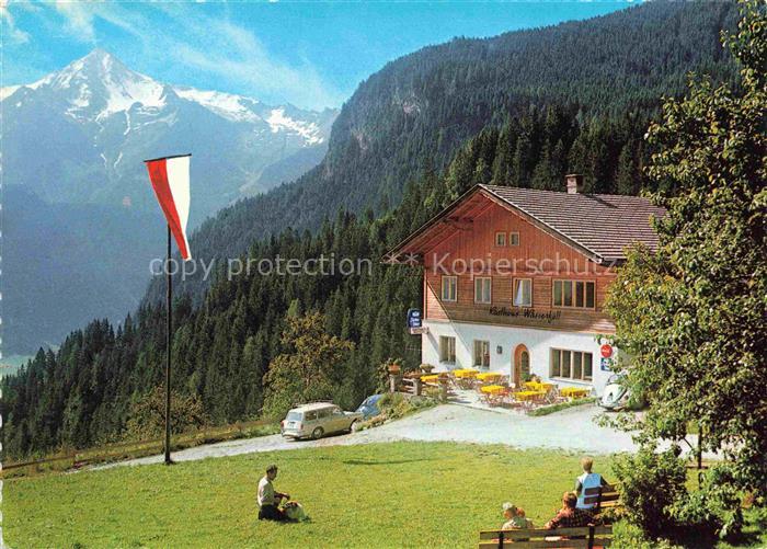 Hippach Zillertal Tirol AT Rasthaus Wasserfall Schnitzelwirt mit Ahornspitze