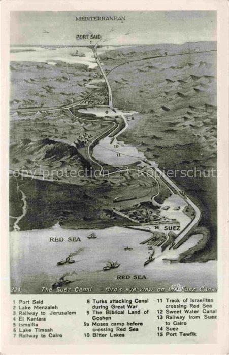 SUEZ Canal de Egypt Suez-Canal Landkarte Port-Said Ismailia Red-Sea WWI