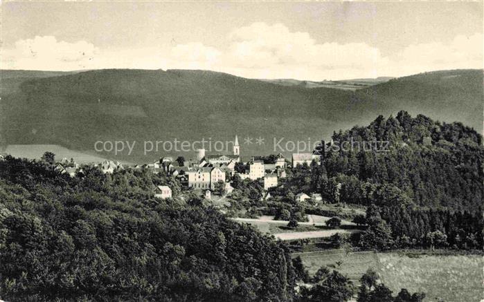 Lindenfels Odenwald Hessen Kirchturm Haeuser Wald Huegel Burgruine