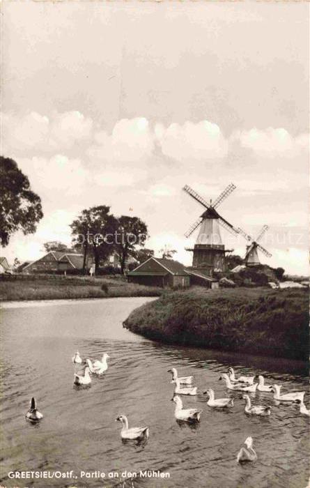 Greetsiel Krummhoern Aurich Niedersachsen Windmuehlen Kanal Gaense Haeuser Baeum