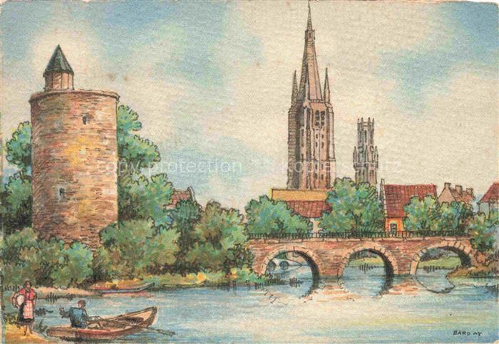 BRUGGE Bruges Belgie Minnewater Lac-d Amour Rundturm Bruecke Ruderboot Kirchturm
