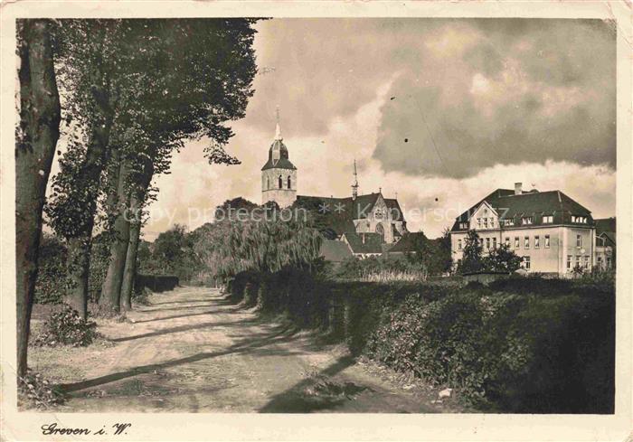 GREVEN  Westfalen Steinfurt NRW Kirchturm Allee Weg Haeuser Weide Kirche Dorfans