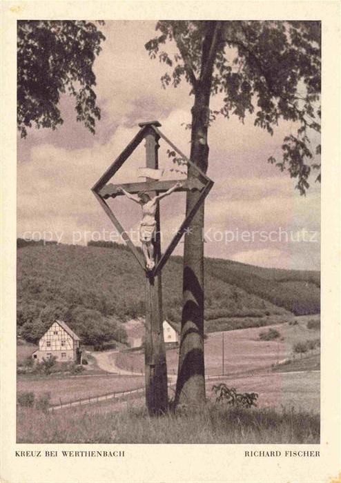 Werthenbach Netphen NRW Wegkreuz Bildstock Christusfigur Haus Huegel Felder Sieg