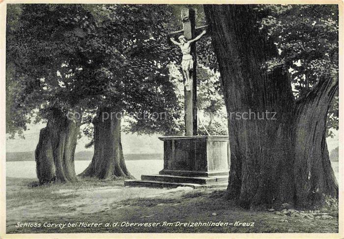 Corvey Hoexter Weser Dreizehnlinden-Kreuz Wegkreuz Linden Baeume Christusfigur H