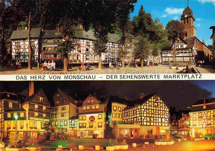 Monschau Montjoie NRW Marktplatz Fachwerkhaus Kirche Nachtaufnahme Tagesansicht