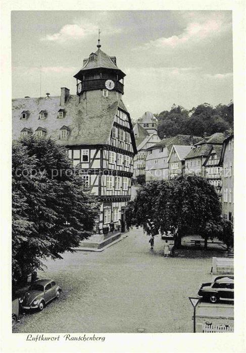 RAUSCHENBERG  Marburg Hessen Rathaus Fachwerk Kirchturm Ortsmitte Autos Baum