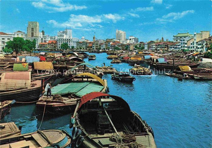 Singapore SP Singapore-River Fluss Hafen Sampan Tonkong Boote Stadtansicht