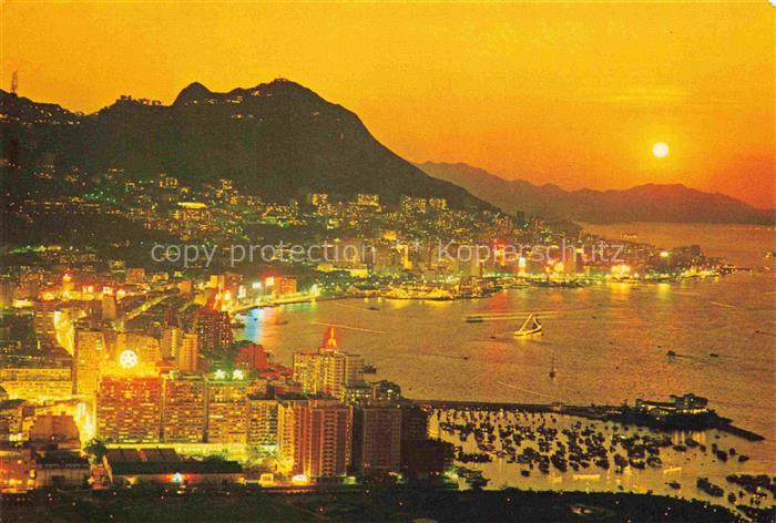 Hong-Kong HONGKONG HK China Nachtaufnahme Hafen Panorama Skyline Bucht Sonnenunt