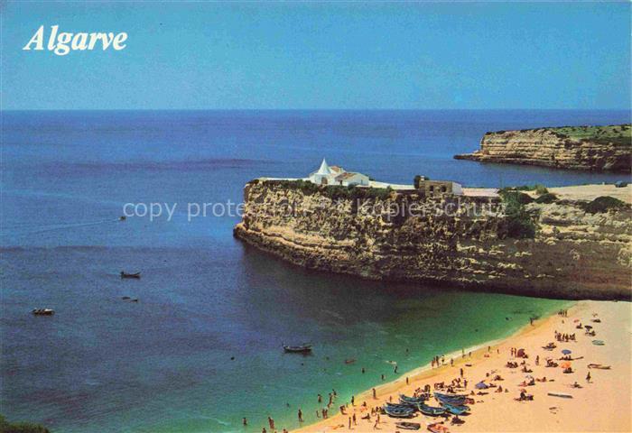 Senhora da Rocha Portugal Strand Kapelle Felsen Bucht Boote Badegaeste Felsenkap