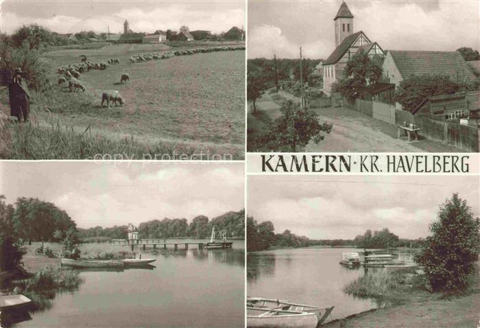 Kamern Schoenhausen Stendal Sachsen-Anhalt Schaefer Schafherde Kirche Fluss Boot
