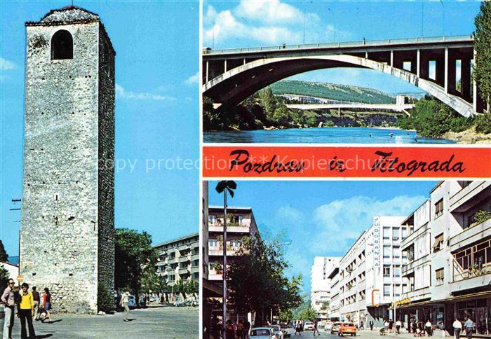 Titograd Podgorica Montenegro Uhrturm Bruecke Stadtstrasse Moderne-Haeuser Fluss