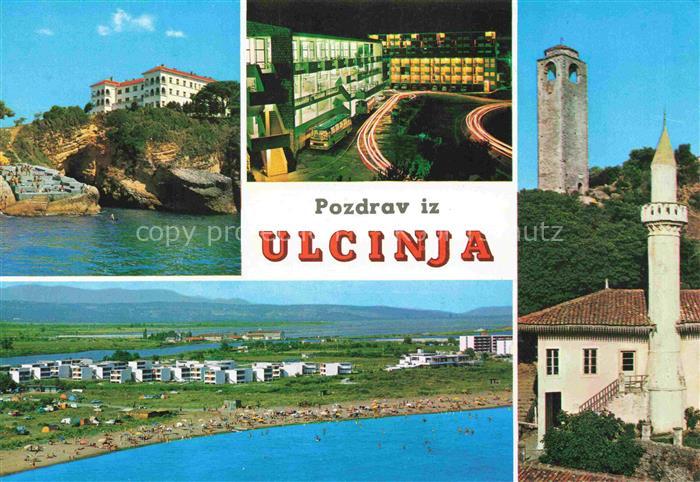 Ulcinj Montenegro Hotel Minaret Moschee Kueste Neubauten Meer Nachtfoto Wohnbloc