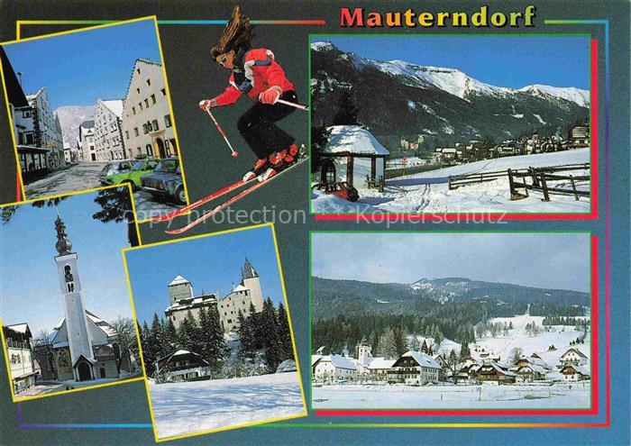 Mauterndorf Lungau Salzburg AT Skifahrer Burg Kirche Winterpanorama Schnee Berge