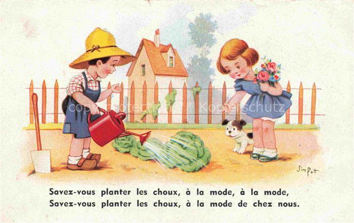 PATT Jim Kuenstlerkarte Kinder Hund Litho Salat Giesskanne