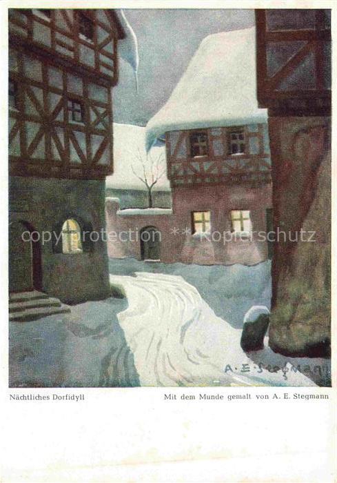 STEGMANN Erich Kuenstlerkarte mundgemalt Naechtliches Dorfidyll