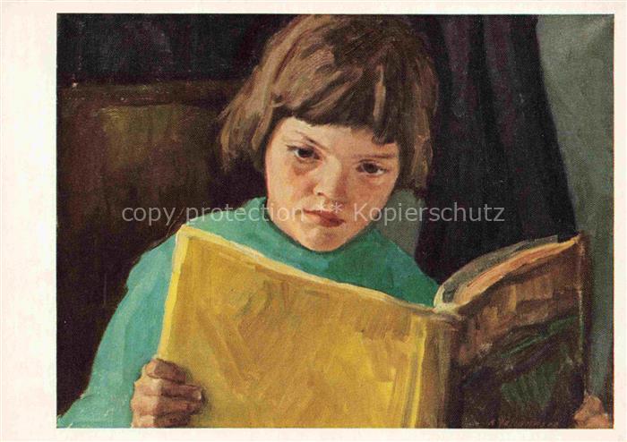 JOHANNSEN A. Kuenstlerkarte Husum Das gelbe Buch Maedchen